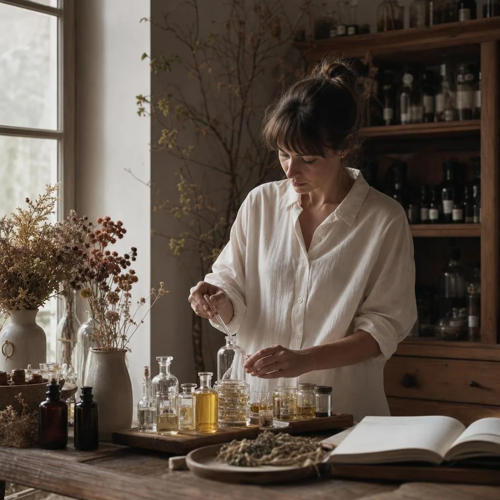 A quiet perfumer's studio with amber bottles and blotters in natural light
