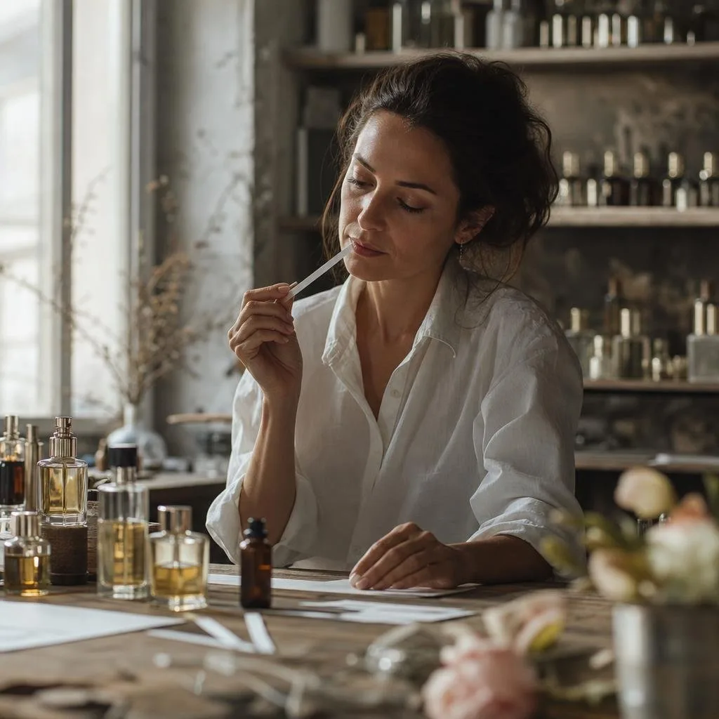 A perfumer's organ with amber bottles, pipettes, and blotters