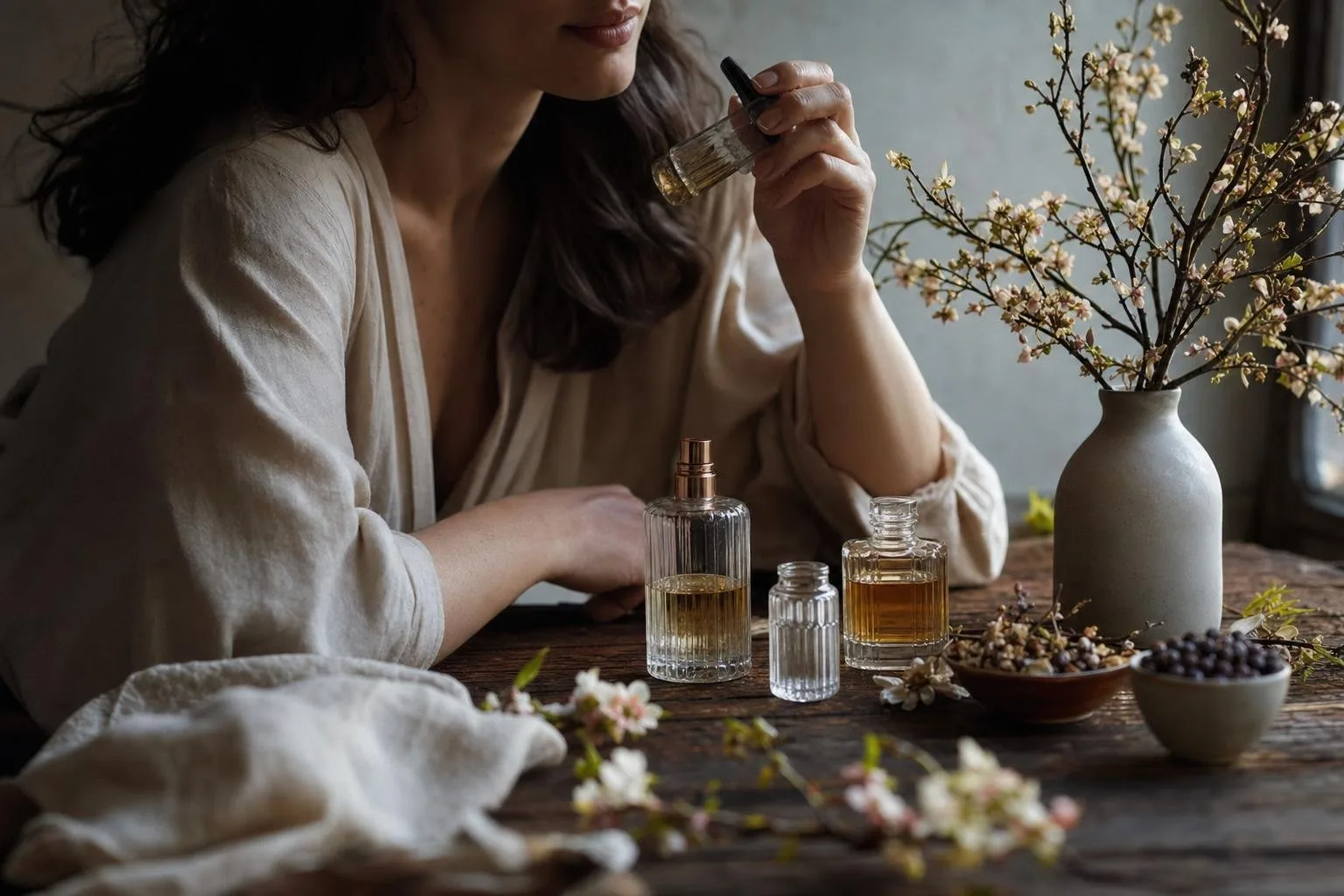 Amber perfume bottles arranged on a soft, sunlit surface